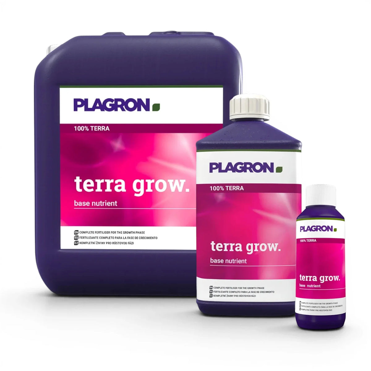 Plagron Terra Grow in verschiedenen Flaschengrößen vor weißem Hintergrund