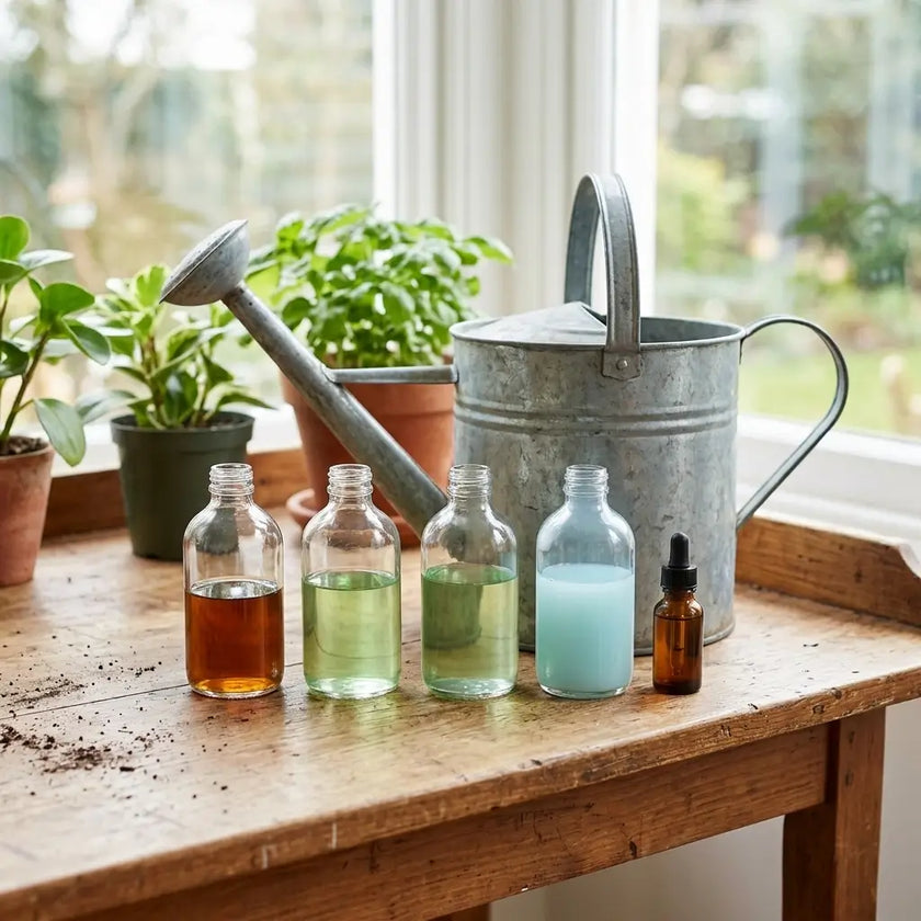 Glasflaschen mit verschiedenen Düngern auf einem Holztisch, mit Gießkanne und Pflanzen im Hintergrund
