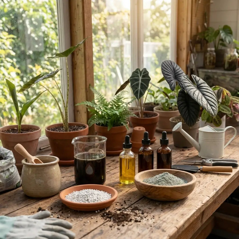 Sonniger Tisch mit Gartenzubehör, verschiedenen Düngern, Töpfen, Flaschen und Werkzeugen