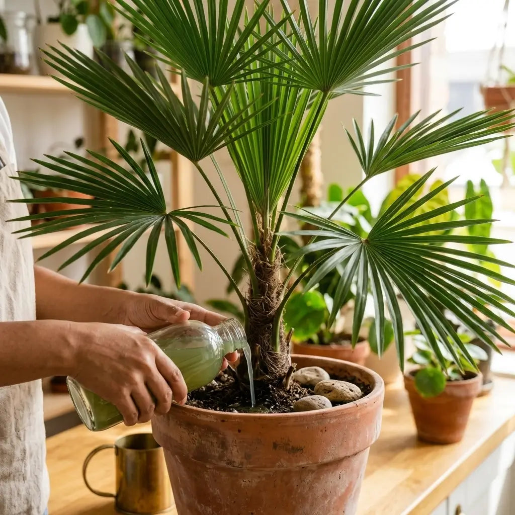 Person düngt eine getopfte Palme in einem Wohnraum