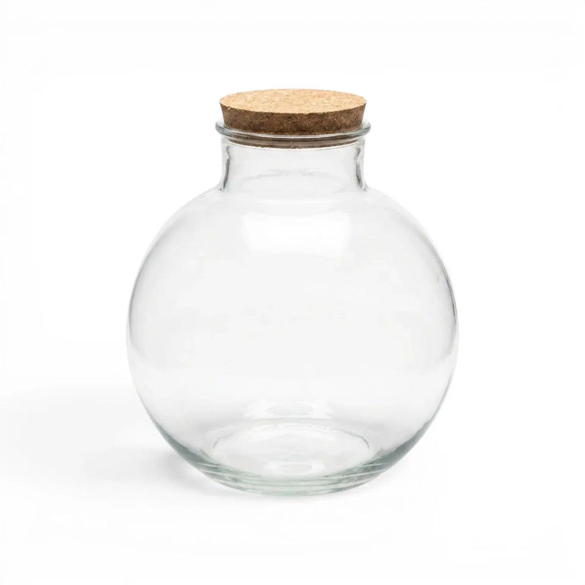 Clear glass jar  Bowl with a cork lid on a white background