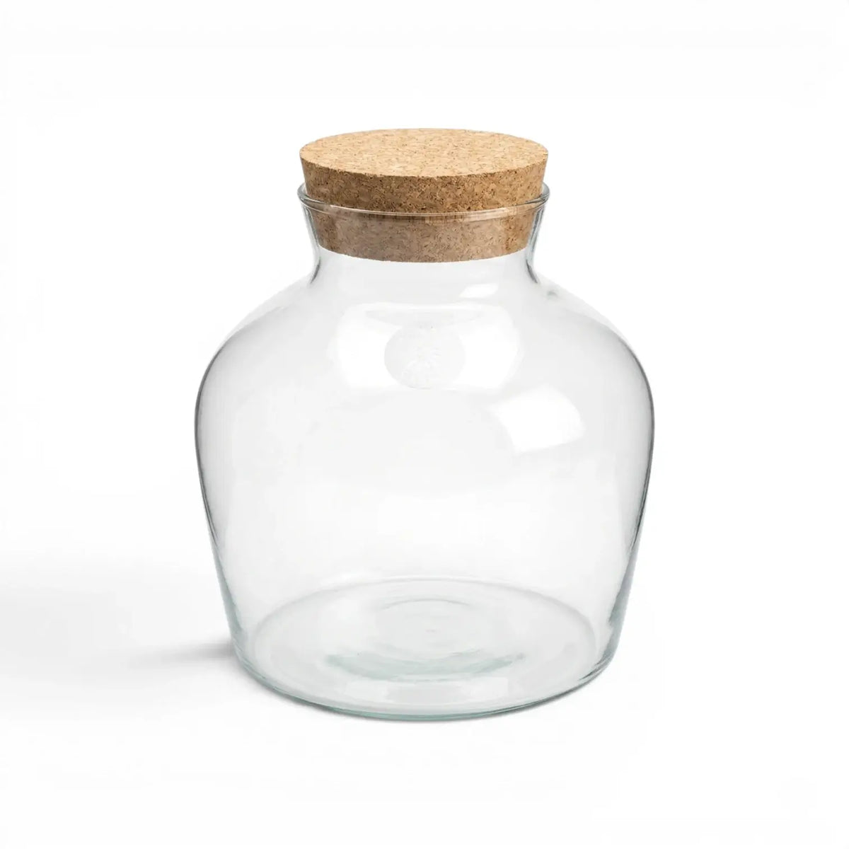 Clear glass jar Dean  with a cork lid on a white background