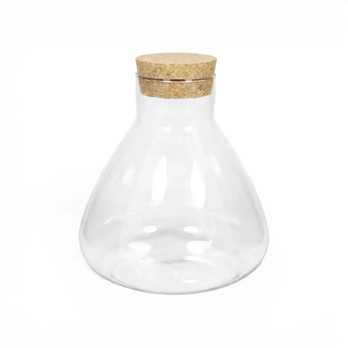 Clear glass jar Pyramide  with a cork lid on a white background