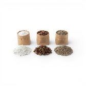 Three brown paper bags filled with different types of hoya substrate mix: perlite, pine bark and lava granulate on a white background