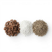 Ingredients of hoya substrate mix: perlite, pine bark and lava granulate on a white background