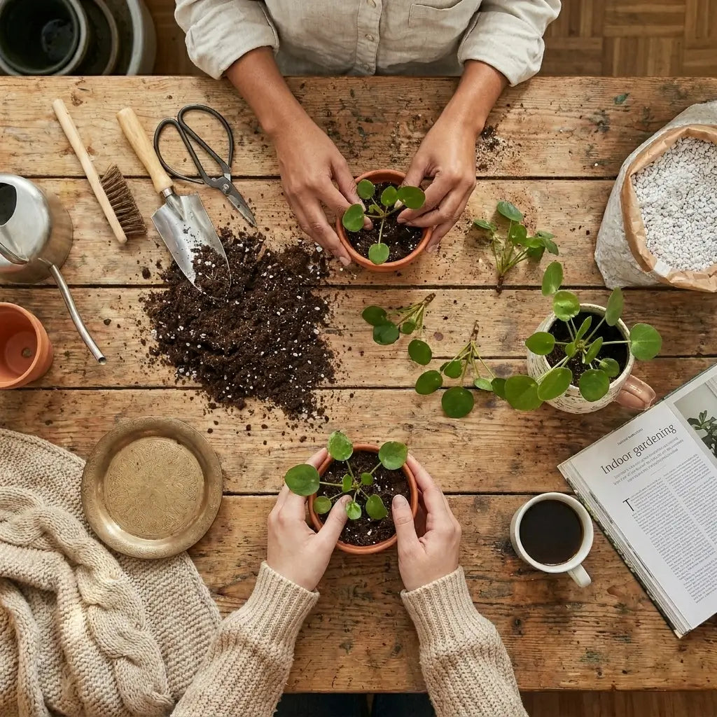 Two people potting plants on a wooden table with gardening tools and a cup of coffee.