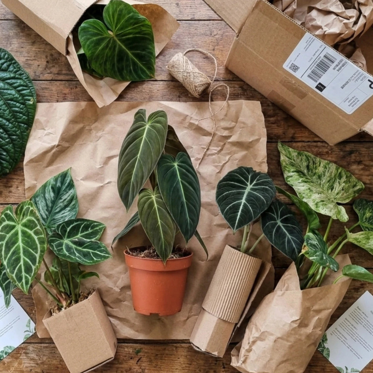Potted plants on brown paper with cardboard boxes and packaging materials on a wooden surface