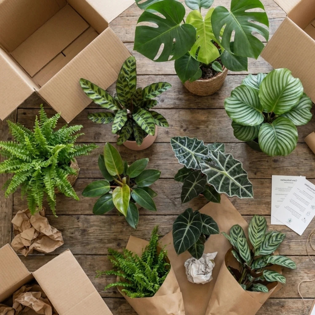 Various potted plants on a wooden floor with cardboard boxes.