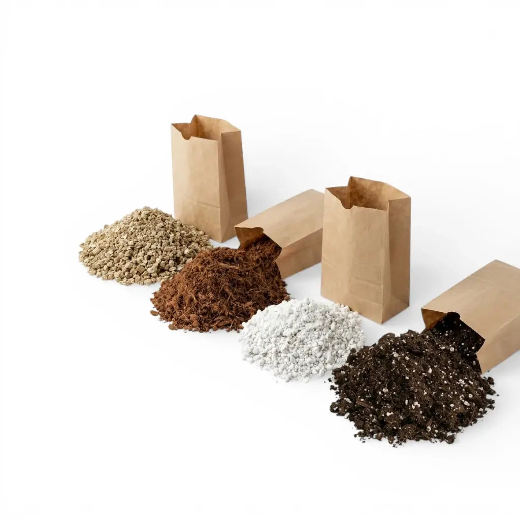 Brown paper bags filled with prayer plant  mix on a white background