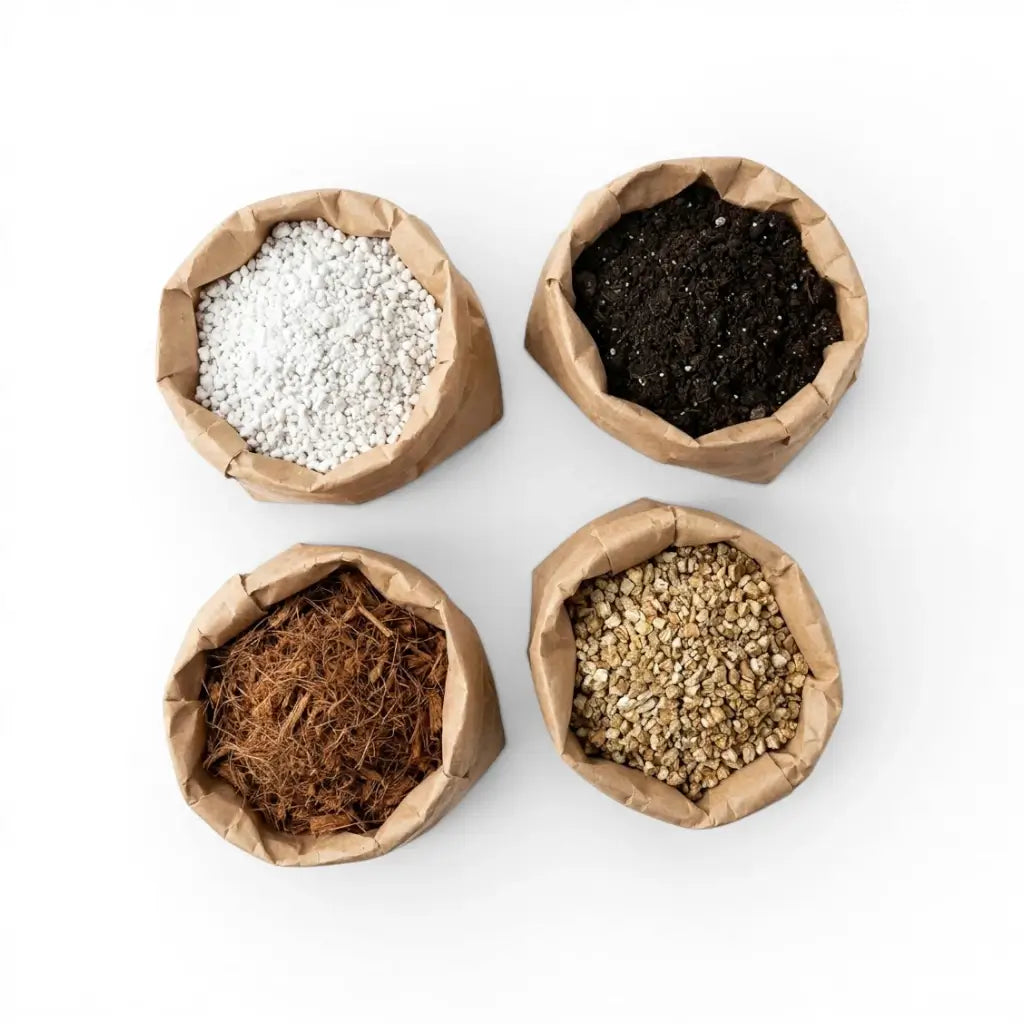  Four brown paper bags filled with ingredients of prayer plant  mix on a white background