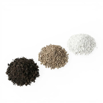 Three piles of of succulent substrate set ingredients on a white background