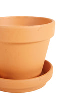 Terracotta pot product photo on white background.