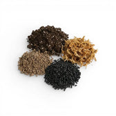 Four piles of terrarium substrate mix ingredients: soil, lava granules, sphagnum moss and activated carbon pellets on a white background