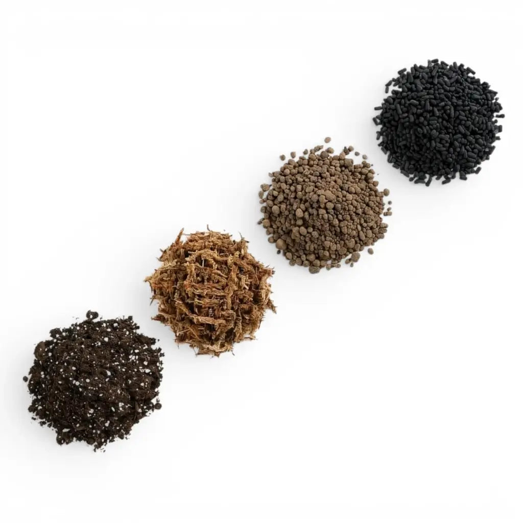 terrarium substrate mix ingredients: soil, lava granules, sphagnum moss and activated carbon pellets on white backround