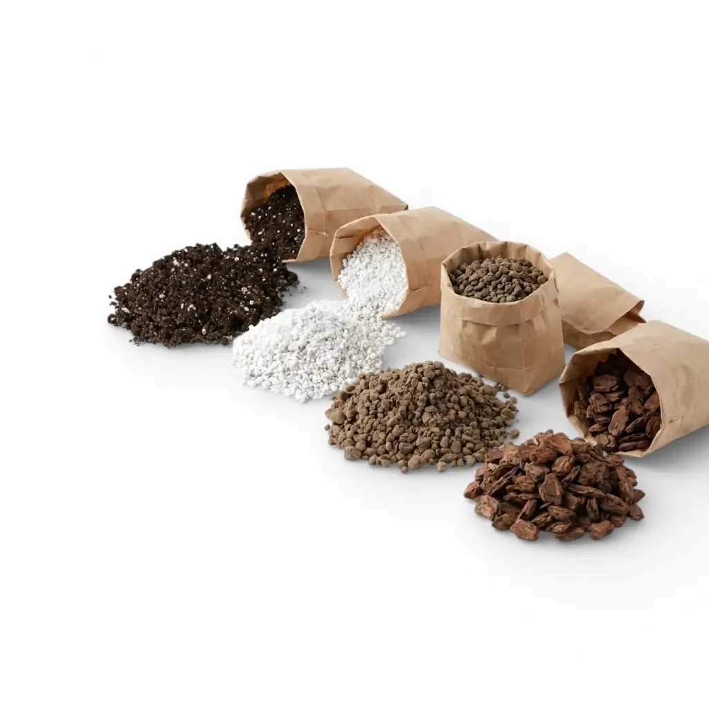 Five open brown paper bags filled with different universal sol mix ingredients: soil, perlite, pine bark and lava granules on white backround