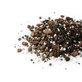 Universal sol mix ingredients: soil, perlite, pine bark and lava granules, mixed  on white backround